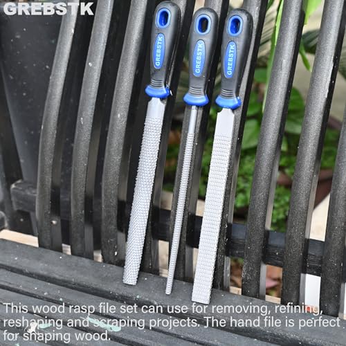 GREBSTK 8" Wood Rasp File Set with Rubber Grip Wood Course Cut Rasp 3 PCS Set, Round, Half-Round, Flat File Rasp GREBSTK