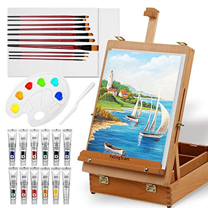 Falling in Art Easel Box Acrylic Paint Set with Portable Table Display Stand, Acrylic Paint, Canvas Panels, Brushes, Palette for Christimas Gift - WoodArtSupply