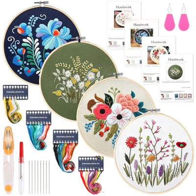 Pengxiaomei 4 Pack Flower Embroidery Kit for Beginners with Pattern and Instructions, Cross Stitch Kits Include 2 Wooden Embroidery Hoops Color