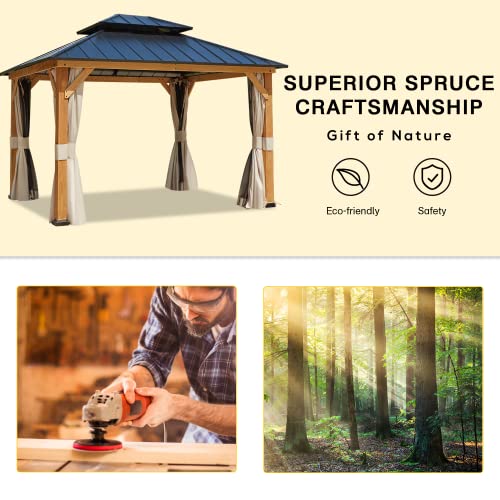 MELLCOM 11' x 13' Hardtop Cedar Wood Gazebo for Patios, Outdoor Cedar Framed Gazebo with Double Metal Roof, Solid Wooden Framed Gazebo with Privacy MELLCOM