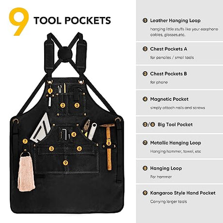 Briteree Woodworking Aprons for Men, Valentines Day Gifts for Him, Waxed Canvas Tool Apron, with 9 Tool Pockets, Shop Apron for Woodworkers, Size S Briteree