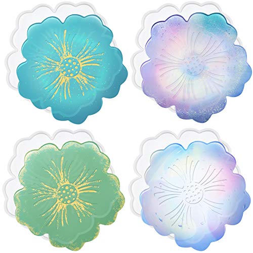 Silicone Coaster Molds, CCOZN 4 PCS Flower Silicone Coaster Molds Coaster for Epoxy Resin Agate Coaster Cup Mat Molds for Resin Casting Silicone CCOZN