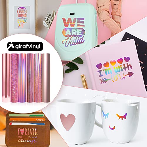 GIRAFVINYL Holographic Vinyl Rose Gold Permanent Vinyl for Cricut - 12" x 12" 6 Sheets Self-Adhesive Vinyl for DIY Decor, Signs, Parties, Gifts & GIRAFVINYL