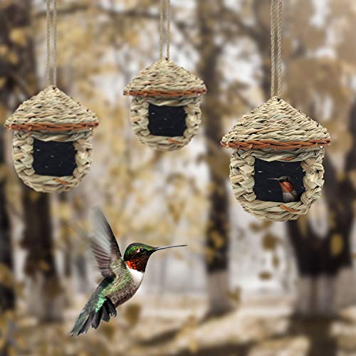 3 Pack Hummingbird House, Hand Woven Bird Nest for Outdoors Hanging, Small Grass Bird Houses for Outside, Natural Fiber Bird Hut Roosting Pocket for Eeaivnm