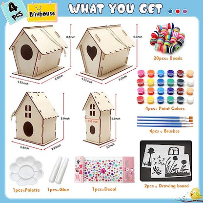 4 Pack Bird House Crafts for Kids Ages 5-8 8-12, DIY Birdhouse Kit for Children to Build, Art Craft Wooden Toys, Craft Projects with