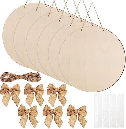 12 Pcs 14 Inch Wood Circles for Crafts Unfinished Wooden Slice Blank Round Wooden Door Hanger Sign Round Wooden Discs with Bows,Twine, Glue Point for