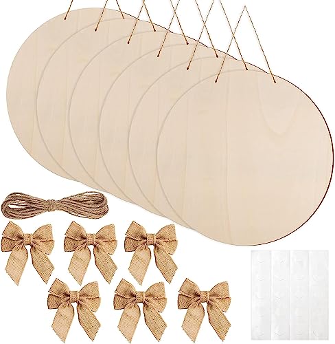 12 Pcs 14 Inch Wood Circles for Crafts Unfinished Wooden Slice Blank Round Wooden Door Hanger Sign Round Wooden Discs with Bows,Twine, Glue Point for - WoodArtSupply