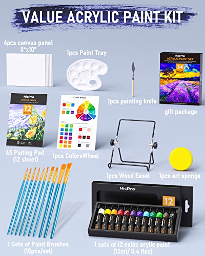 Nicpro Kid Paint Set, 34 PCS Painting Supplies Party Kit Non Toxic,12 Colors Acrylic Paint, Table Easel, 6 Canvas Panels, 10 Brushes, Paper Pad, Nicpro