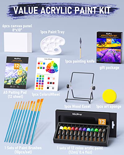 Nicpro Kid Paint Set, 34 PCS Painting Supplies Party Kit Non Toxic,12 Colors Acrylic Paint, Table Easel, 6 Canvas Panels, 10 Brushes, Paper Pad,