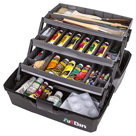 ArtBin 6893AG 3-Tray Art Supply Box, Portable Art & Craft Organizer with Lift-Up Trays, [1] Plastic Storage Case, Gray/Black ArtBin