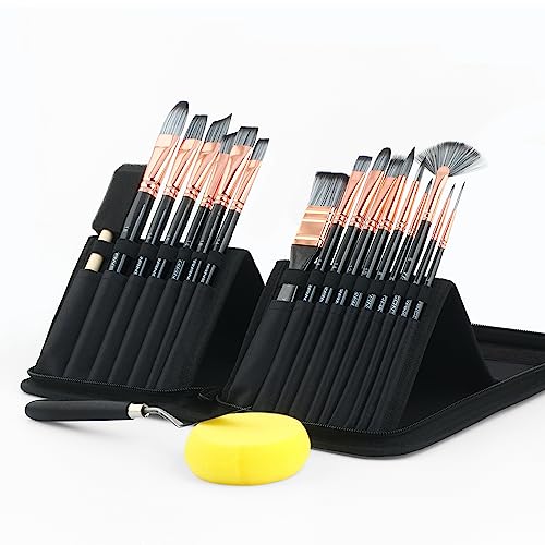 Transon Art Paint Brush Kit 16 Paint Brushes with Foam Brush Sponge Spatula and Brush Case for Oil, Acrylic, Watercolor, Gouache, Painting Black - WoodArtSupply