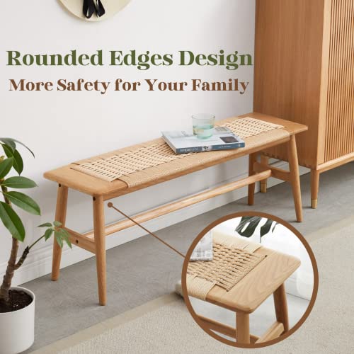 Hymus 32" L 100% FAS Oak Wooden Bench Indoor - Solid Wood Rope Woven Entryway Bench, Dining Bench, Boho Furniture for Entryway, Dining Room, Bedroom, Hymus
