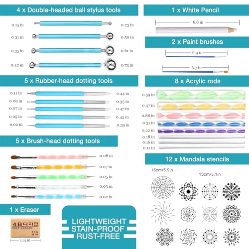 Mandala Dotting Tools Kit with Acrylic Paints and Reusable Stencils - Dot Art Set for Rock Painting, DIY Craft Project, Home Decor Drawing Activity - WoodArtSupply