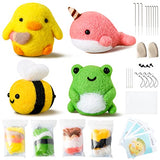 WATINC Set of 4 Cute Animal Needle Felting Starter Kit Frog Chick Bee Narwhal Animal Doll Wool Felting Tools Felt Needles Foam Mat DIY Needlework WATINC