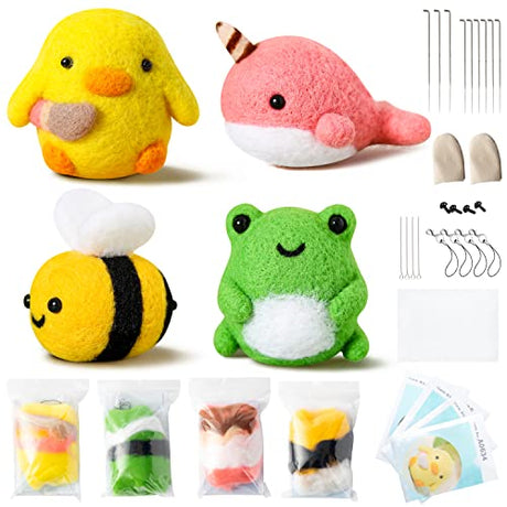 WATINC Set of 4 Cute Animal Needle Felting Starter Kit Frog Chick Bee Narwhal Animal Doll Wool Felting Tools Felt Needles Foam Mat DIY Needlework WATINC