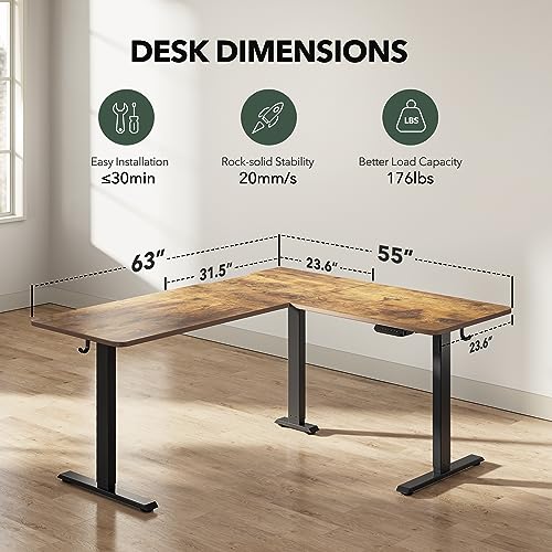 FEZIBO L Shaped Standing Desk Adjustable Height, 63 Inch Electric Stand up Corner Computer Desk, Sit Stand Home Office Desk with Splice Board, Rustic FEZIBO