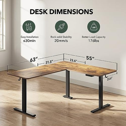 FEZIBO L Shaped Standing Desk Adjustable Height, 63 Inch Electric Stand up Corner Computer Desk, Sit Stand Home Office Desk with Splice Board, Rustic