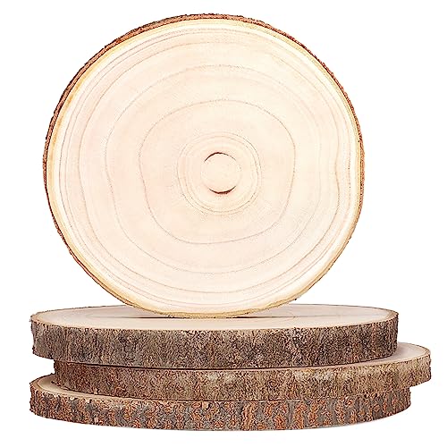 Caydo 4 Pieces 9-10 Inch Wood Slices, Wood Slices for Centerpieces Unfinished Wood Rounds for Wedding Christmas Decoration, Painting Projects, Baby Showers