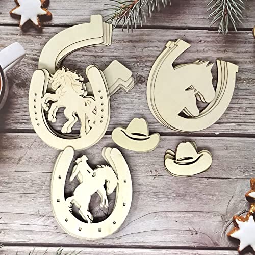 Honbay 36PCS Unfinished Cowboy Wooden Cutouts Blank Horseshoe and Hat Wood Discs Slices for Western Cowboy Cowgirl Party Decorations DIY Craft (5 HONBAY