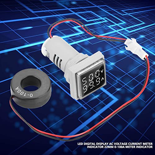 LED Display Voltmeter, Voltage Tester Current Detector Square 22mm Dual Display Panel Voltmeter Ammeter AC 0-100A 60-500V Meter Indicator (White) Hyuduo
