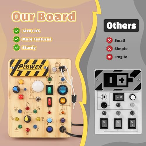 Joyreal Montessori Busy Board Wooden Sensory Toys for Toddler with LED Light Up Switch, Baby Fidget Board Travel Toys for 18+ Months, Boys Girls Joyreal