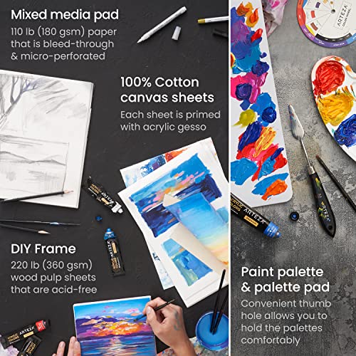 ARTEZA Acrylic Paint Kit, Portable Art Set with Easel, Carrying Case, 10 Brushes, 2 Stretched Canvases, 48 Acrylic Paint Tubes, Art Supplies for