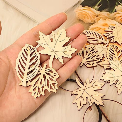 Honbay 60PCS Hollow Out Unfinished Blank Maple Leaves Wood Pieces Wood Slices Wood Chips Wooden Maple Shaped Embellishments Fall Leaf Wood Cutouts