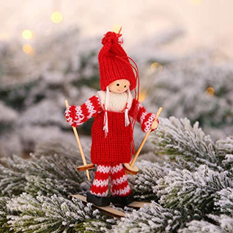 Amosfun Wood Figurine Decor 5PCS Christmas Ski Doll Ornaments Wooden Christmas Christmas Tree Hanging Decorations Pendants Holiday Shop Window Home Amosfun
