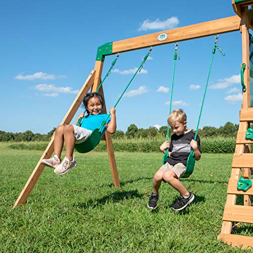 Backyard Discovery Buckley Hill Wooden Swing Set, Made for Small Yards and Younger Children, Two Belt Swings, Covered Mesh Fort with Canopy, Rock Backyard Discovery