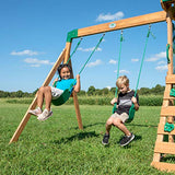 Backyard Discovery Buckley Hill Wooden Swing Set, Made for Small Yards and Younger Children, Two Belt Swings, Covered Mesh Fort with Canopy, Rock Backyard Discovery