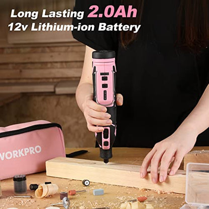 WORKPRO Pink 12V Cordless Rotary Tool Kit, 5 Variable Speeds, Powerful Engraver, Sander, Polisher, 114 Easy Change Accessories, Craft Tool for