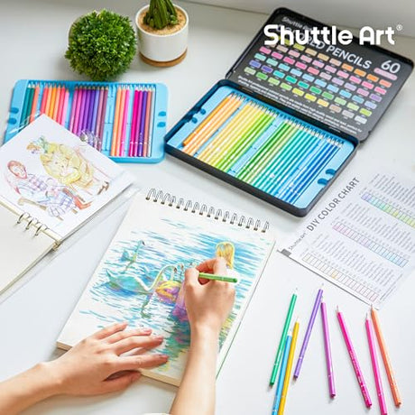 Shuttle Art 60 Pastel Colored Pencils, Colored Pencils for Adult Coloring, Soft Core Coloring Pencils in Gift Tin Box, Color Pencils for Kids Adults Shuttle Art