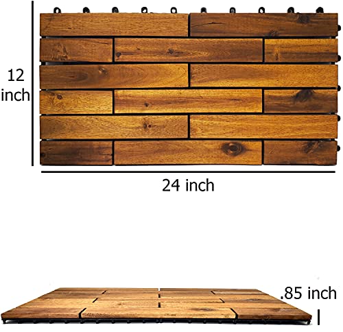 Interlocking Deck Tiles 24 x 12 Long Boards - Snap Together Wood Flooring | Acacia Hardwood Outdoor Flooring for Patio | Floor Decking Tile,