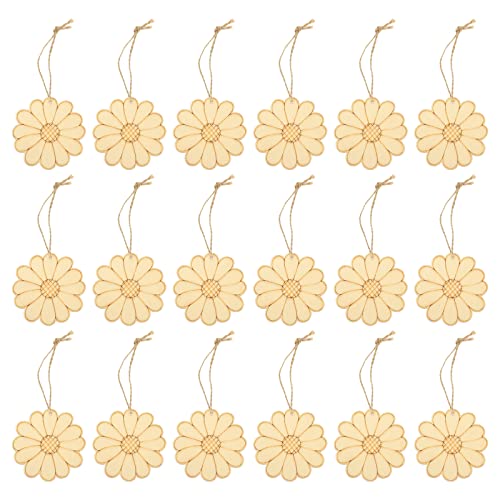 SEWACC Unfinished Wood Crafts 50 Sets Wooden Flower Cutouts Unfinished Flower Shapes Blank Wood Ornaments Flower Embellishments with Hemp Ropes for SEWACC