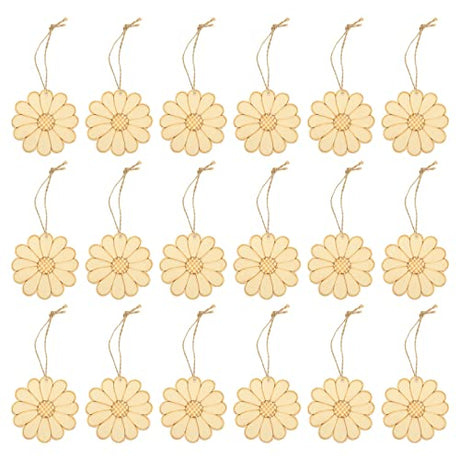SEWACC Unfinished Wood Crafts 50 Sets Wooden Flower Cutouts Unfinished Flower Shapes Blank Wood Ornaments Flower Embellishments with Hemp Ropes for SEWACC