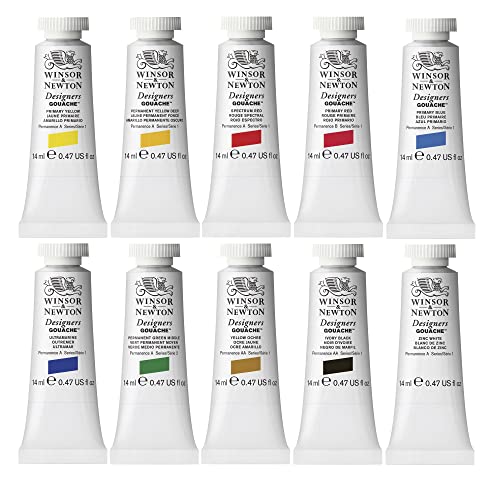 Winsor & Newton Designers' Gouache Introductory 10-Tube Paint Set, 14ml,Blue,green,ivory,white Winsor & Newton