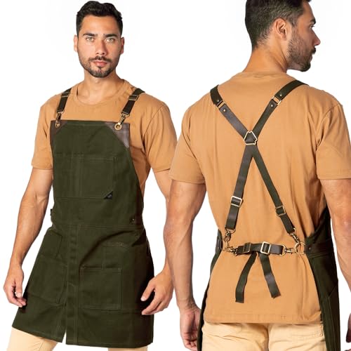 Under NY Sky Cargo Green Apron – Cross-Back with Leather Straps, Heavy-Duty Waxed Canvas and Split-Leg – Adjustable for Men and Women – Pro Under NY Sky