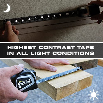 Perfect Measuring Tape - BrightLine High Contrast Dark Mode Easy Read Tape Measure for Low Light Visibility - Heavy Duty Rubber Case 18ft (Inch