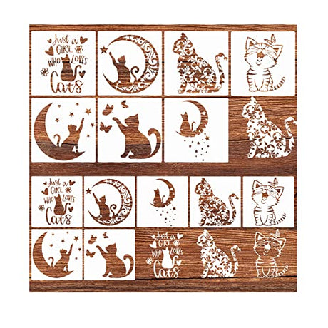 14 Pcs Cat Stencils for Painting on Wood Canvas Shirt, Small Large Flower Moon Cat Stencil Plastic Shirt Fabric Stencils for Painting on Wall Wood Hosomono