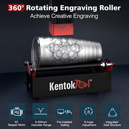 KENTOKTOOL ARot2 Rotary Roller for Laser Engraver, 360°Y-axis Roller with 8 Adjustment Diameters for 6 to 200mm Cylinders, Cups, Pens, Compatible - WoodArtSupply