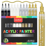 VHEONET Acrylic Paint Pens, 12 Pack (3 Black 3 White 3 Gold 3 Silver) 3mm Permanent Painting Markers DIY Craft for Rock Ceramic Glass Wood Plastic VHEONET
