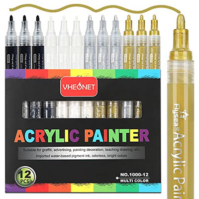 VHEONET Acrylic Paint Pens, 12 Pack (3 Black 3 White 3 Gold 3 Silver) 3mm Permanent Painting Markers DIY Craft for Rock Ceramic Glass Wood Plastic