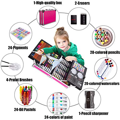 KINSPORY 139 Pack Art Supplies Case, Painting, Coloring, Drawing & Art Set Crafts with Sketch Pad, Deluxe Portable Double Layers Aluminum Gift Box KINSPORY