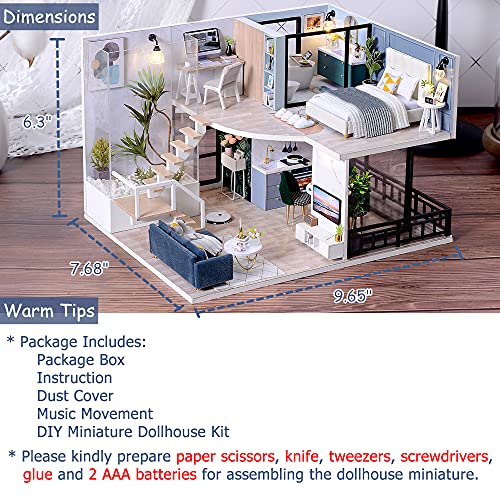 TuKIIE DIY Miniature Dollhouse Kit with Furniture, 1:24 Scale Creative Room Mini Wooden Doll House Accessories Plus Dust Proof & Music Movement for