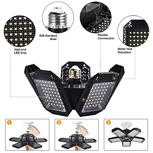 Mefflypee 2 Pack LED Garage Lights, 120W Deformable LED Garage Ceiling Lights with 5 Adjustable Panels, 12000LM E26 LED Shop Lights for Garage, Mefflypee