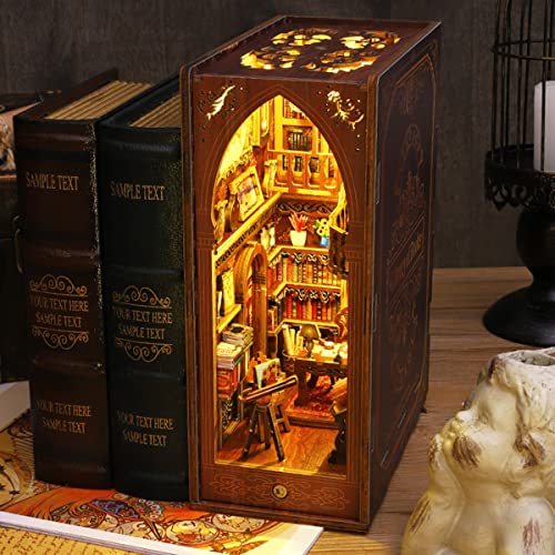 3D Wooden Puzzle Bookends, DIY Book Nook Kit, Magic Book House Model Building Kit Insert Decor with Sensor Light, Stand Bookshelf for Home Decorative