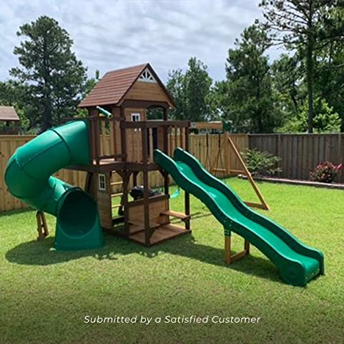Backyard Discovery, Cedar Cove Wood Swing Set, Playground Fort, Chalkboard, Telescope, Dual Slide, Kitchenette, Wide Swing Lanes, 5ft Rock Wall, Step Backyard Discovery