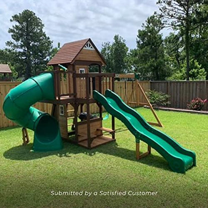 Backyard Discovery, Cedar Cove Wood Swing Set, Playground Fort, Chalkboard, Telescope, Dual Slide, Kitchenette, Wide Swing Lanes, 5ft Rock Wall, Step