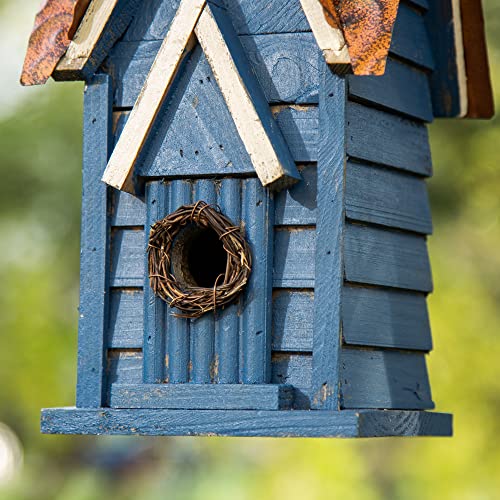 Glitzhome GH90096 Hanging Distressed Wooden Garden Cottage Birdhouse, Blue glitzhome