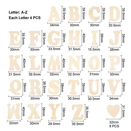 PandaHall 112pcs 1.5 Inch Wooden Letters A~Z Heart Set- Small Wooden Capital Letters with Storage Tray - Wooden Alphabet Craft Letters Smooth Natural PH PandaHall
